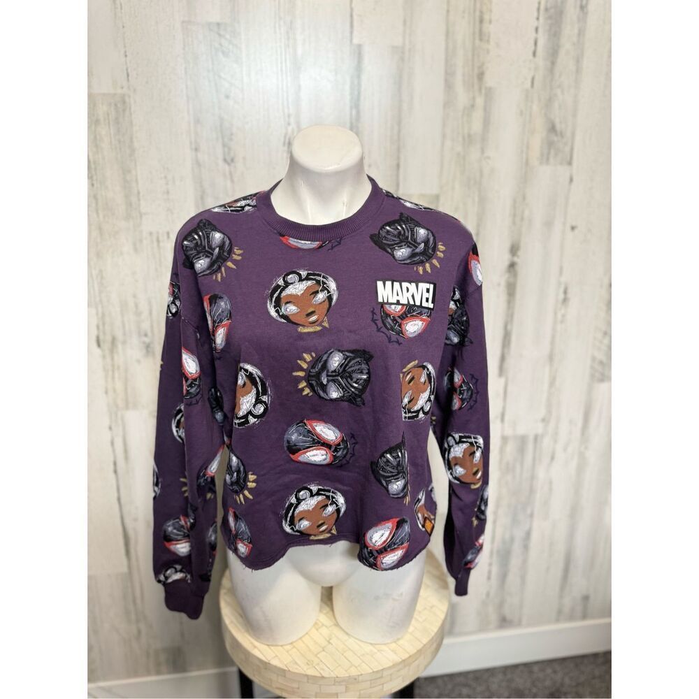 Marvel Graphic Sweatshirt Purple Cropped Crewneck Women XL Comic Print Pullover